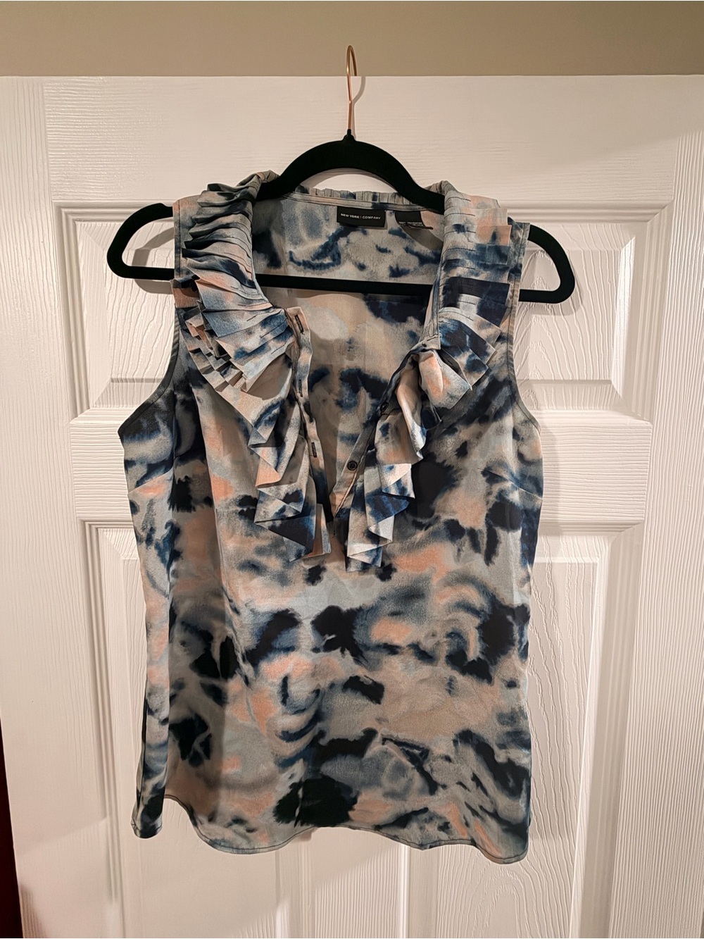 New York & Company Blue and Cream Ruffle V-Neck Sleeveless Top